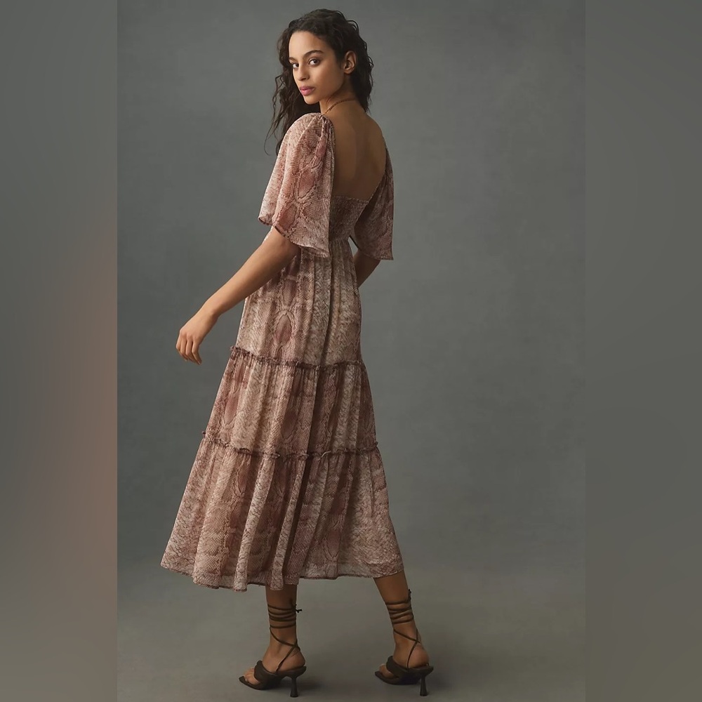 ANTHROPOLOGIE NWT Short Sleeve Tiered Maxi Dress, Snakeskin Print, Size Small - Picture 8 of 16